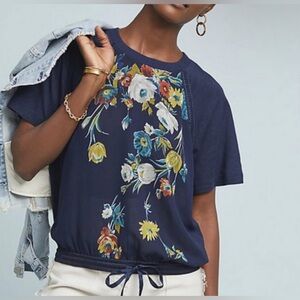 TINY Anthropologie Raglan Sleeve Navy Blue Tie Front Floral Blouse Top Small